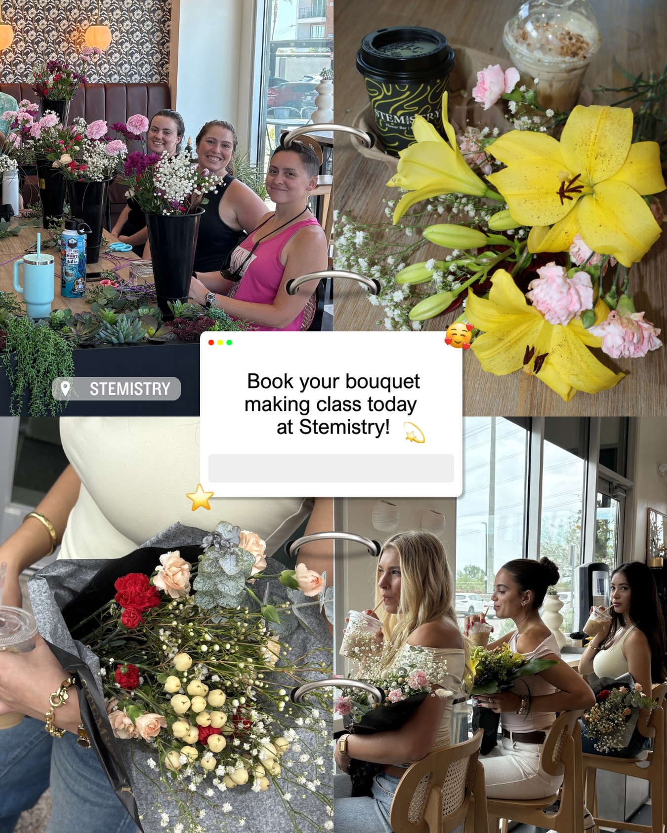 Guests at a private bouquet-making class with the arrangements they built