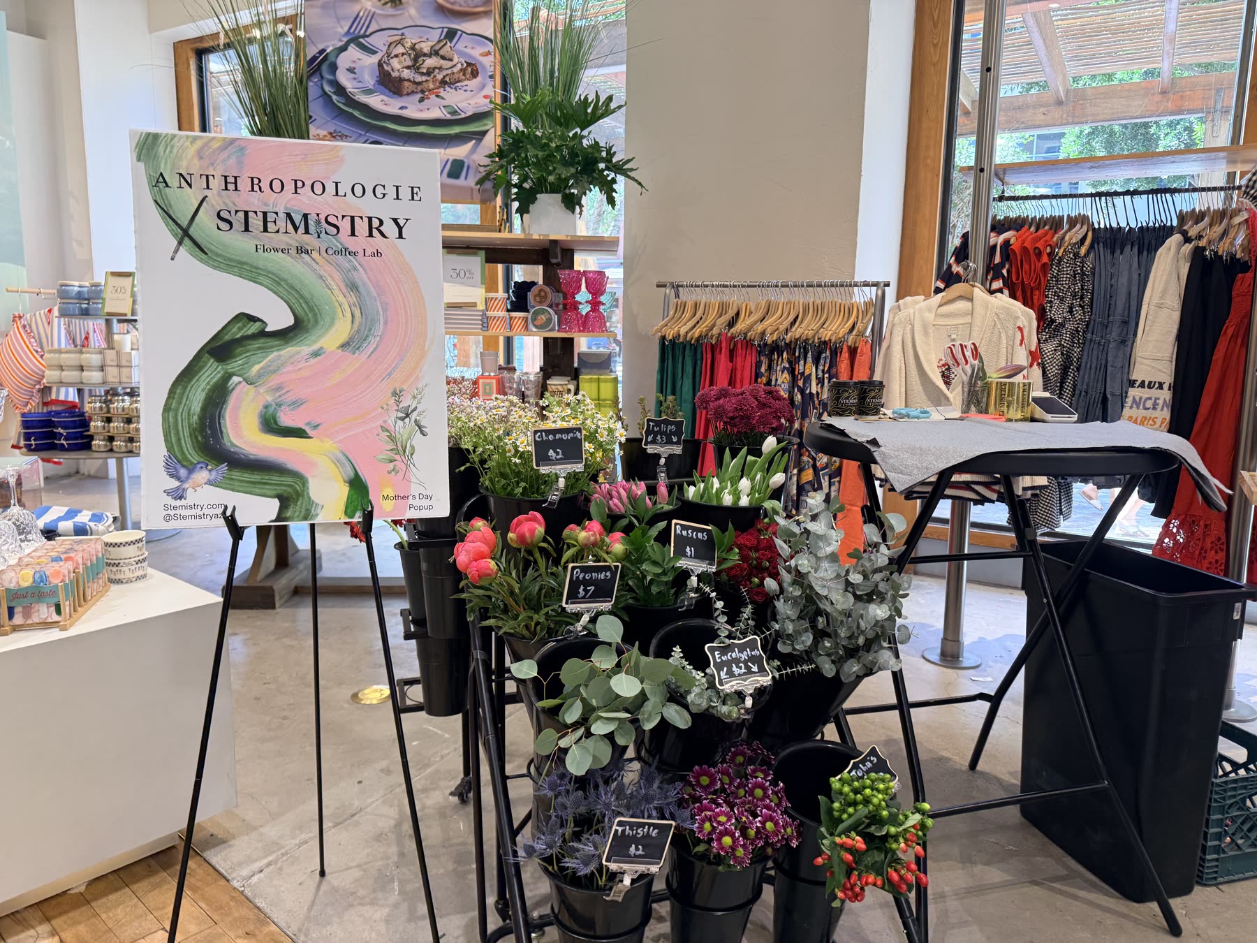 Anthropologie x Stemistry Mother's Day flower bar pop-up inside the store